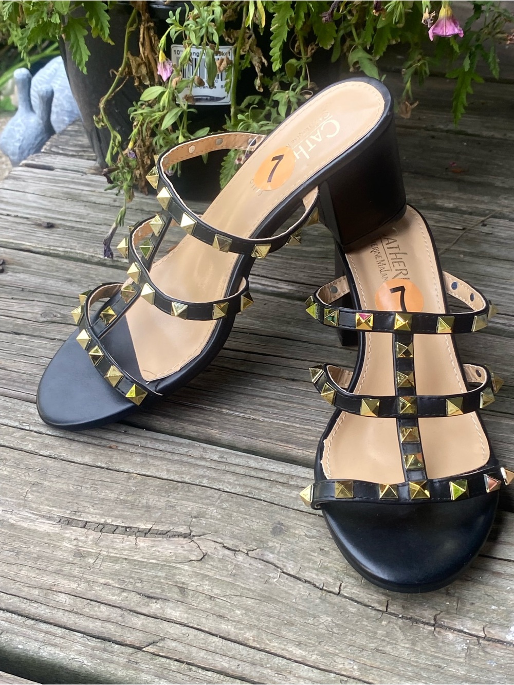 CATHERINE MALANDRINO- Black Studded Triple-Strap Block Heel Sandals ✨